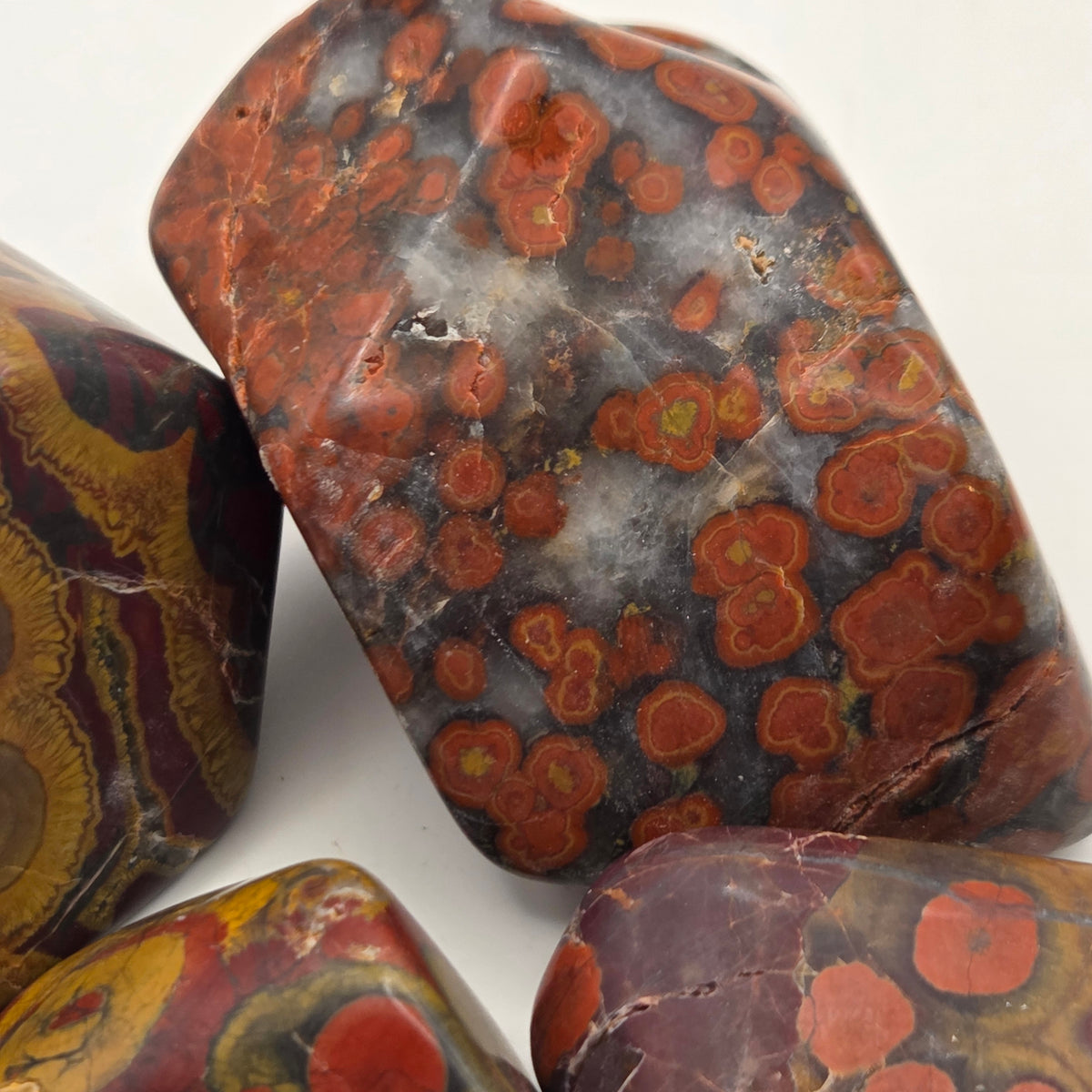 Close-up of Morgan Hill Poppy Jasper tumbles