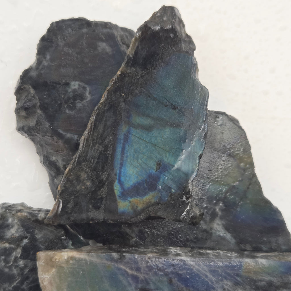 Close-up of Spectrolite Slabs showing labradorescence